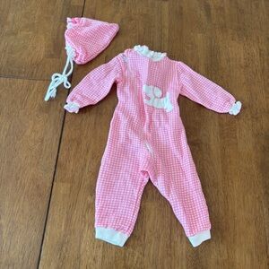 Vintage Pink Knitted Baby Set Collar Dog Bonnet Size 3-6m made in Canada Gingham